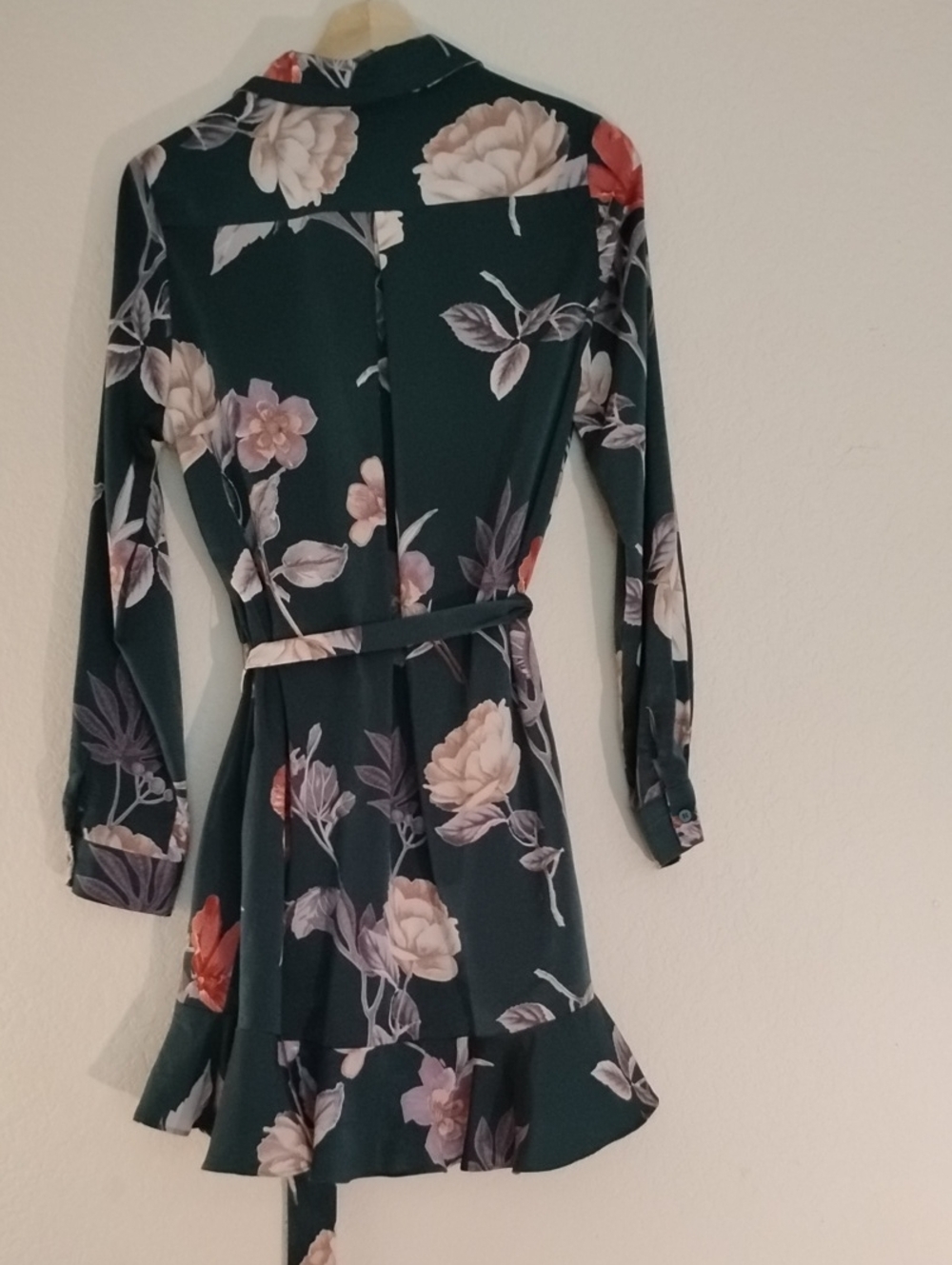 Tie-Waist Dark Green Shirt Dress With Ruffle Hem - Picture 3 of 11